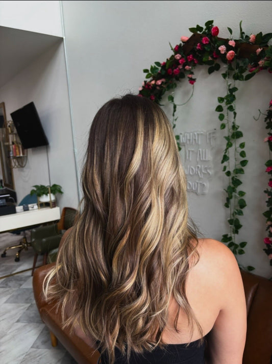 Brunette balayage with bright blonde ribbons on long waves, Mahne Roots Collective, Broomfield
