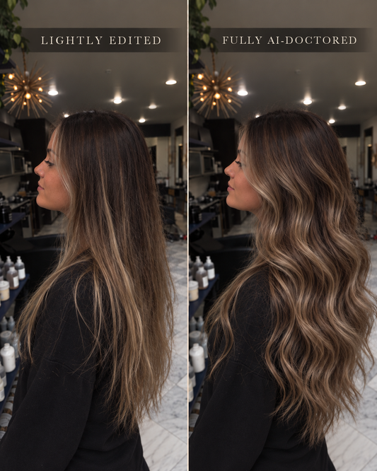 Side-by-side of the same photo of a woman in profile: on the left the original picture, lightly edited, with long, straight brunette hair and blonde pieces; on the right a fully AI-doctored version with much fuller, bigger hair and even, glossy waves.