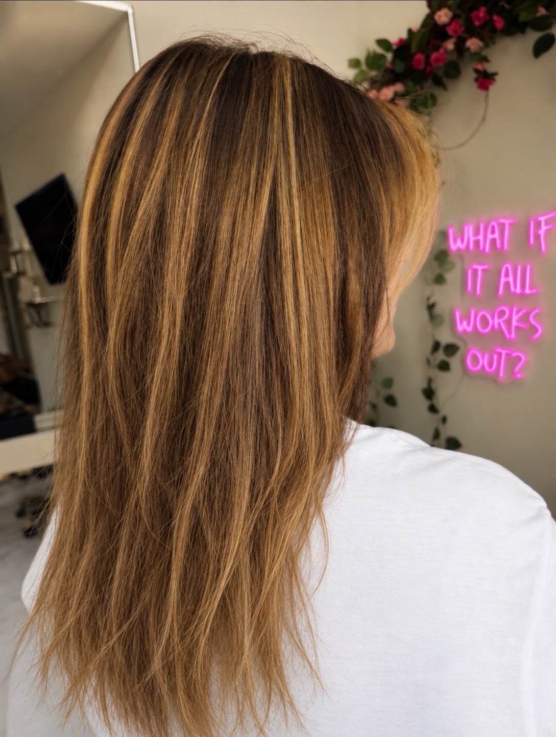 Balayage hair with sun-damaged, dull ends before a treatment and trim at Mahne Roots Collective, Broomfield