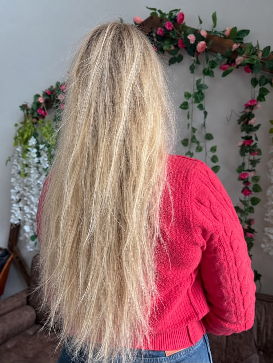Long blonde hair, styled, with dry, dull ends before a treatment and trim at Mahne Roots Collective, Broomfield