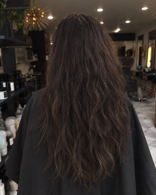 Long dark hair, styled but dry and needing a cut, before a trim at Mahne Roots Collective, Broomfield