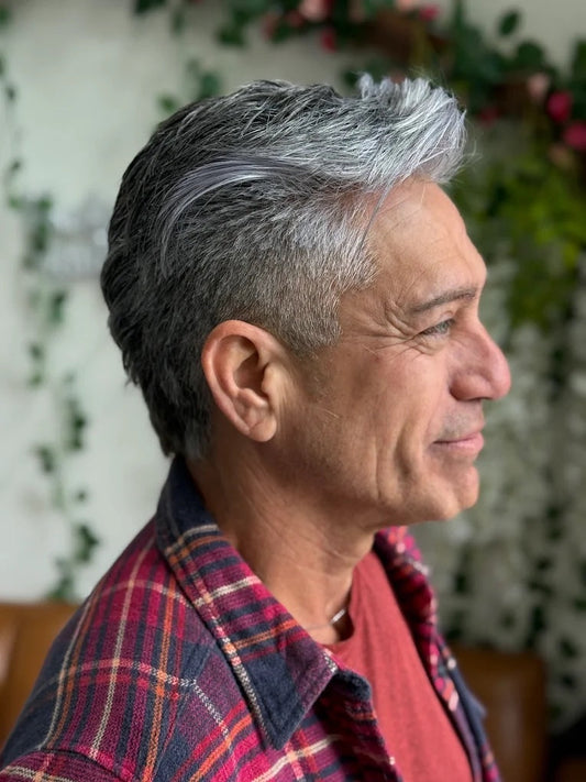 Grey blending on a textured men's cut, side view, at Mahne Roots Collective in Broomfield, CO